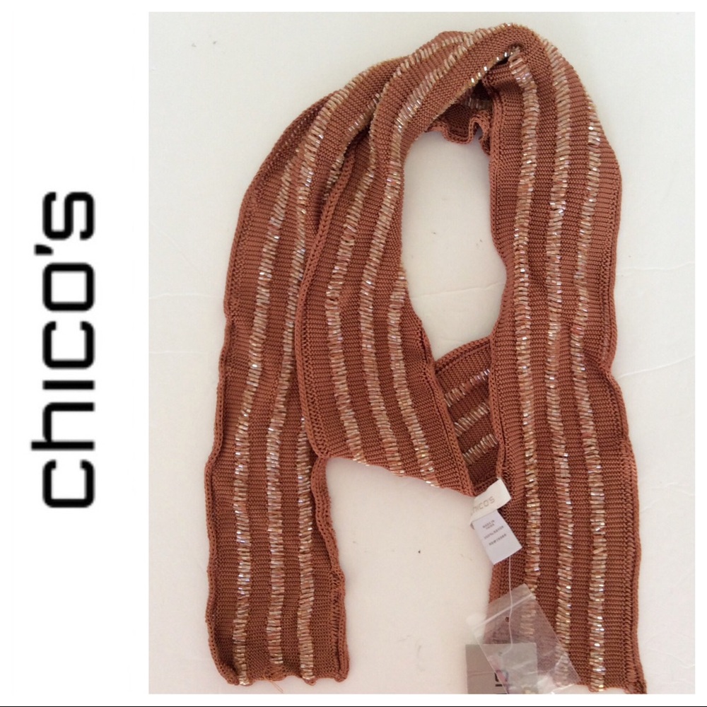CHICOS COPPER SPARKLE KNIT BEADED SKINNY SCARF NWT